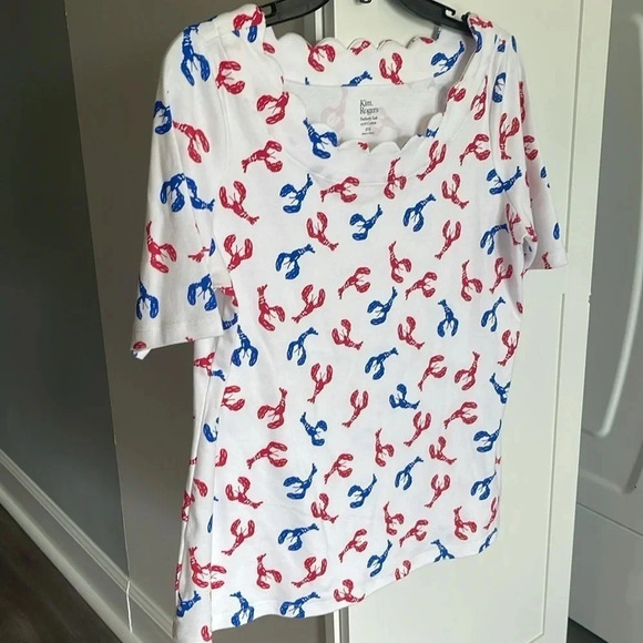 Kim Rogers Red White Blue Lobsters Short Sleeve Blouse Women’s Petite Small - Picture 7 of 8